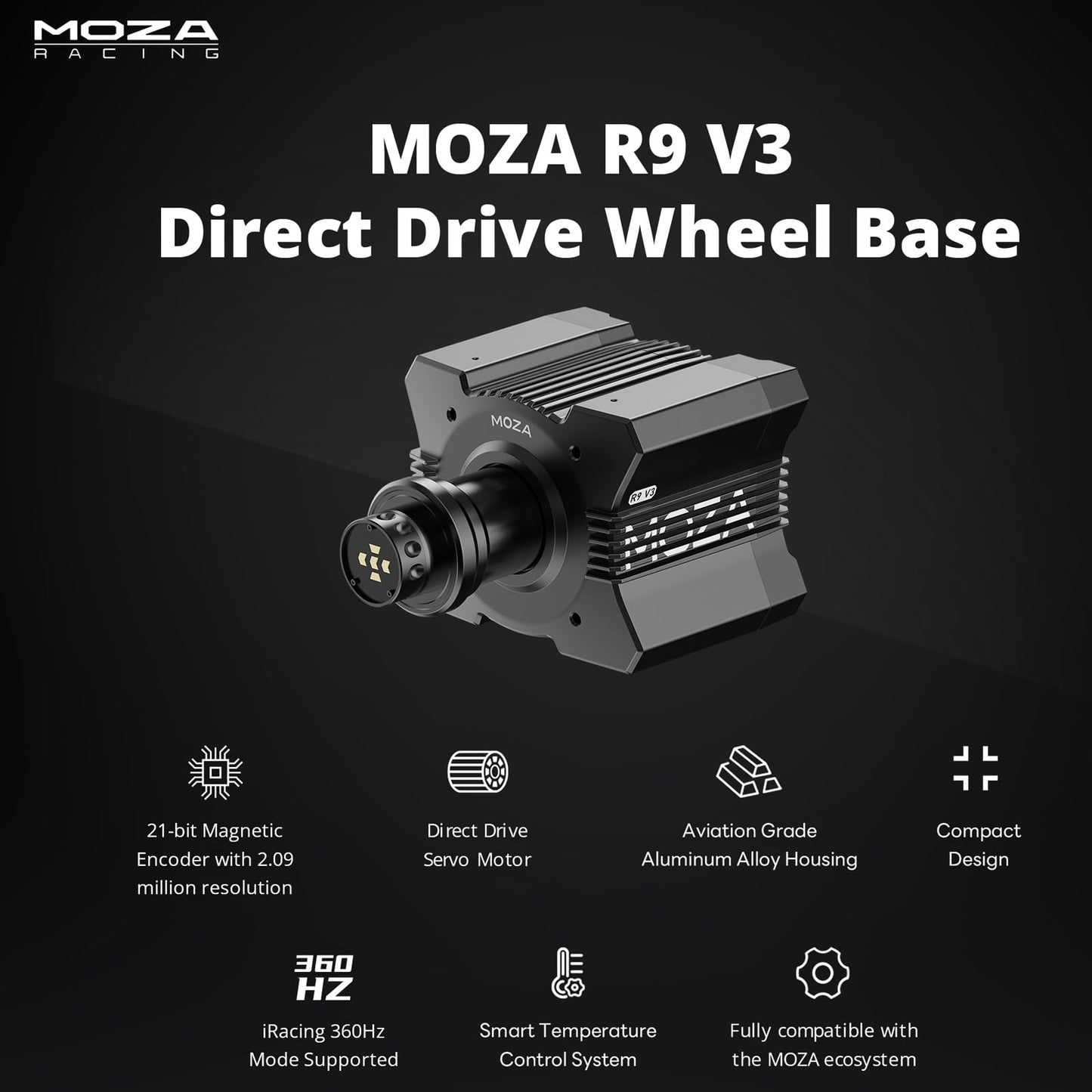 MOZA R9 V3 Direct Drive Servo Motor Sim Racing Wheel Base, 9Nm FFB Force Feedback Steering Wheel Base, Customizable Standalone Wheel Base Simulator for PC Racing Game, black