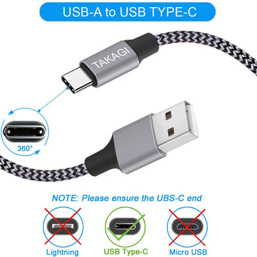 TAKAGI USB to USB C Cable (3Pack 6ft) USB A to Type C Cable Fast Charging Nylon Braided Data Sync Transfer Cord USB C Charger for iPhone 17 Pro Max/17 Air/16e/16 15 Pro/15 Plus/Galaxy S20 S10 Note 20