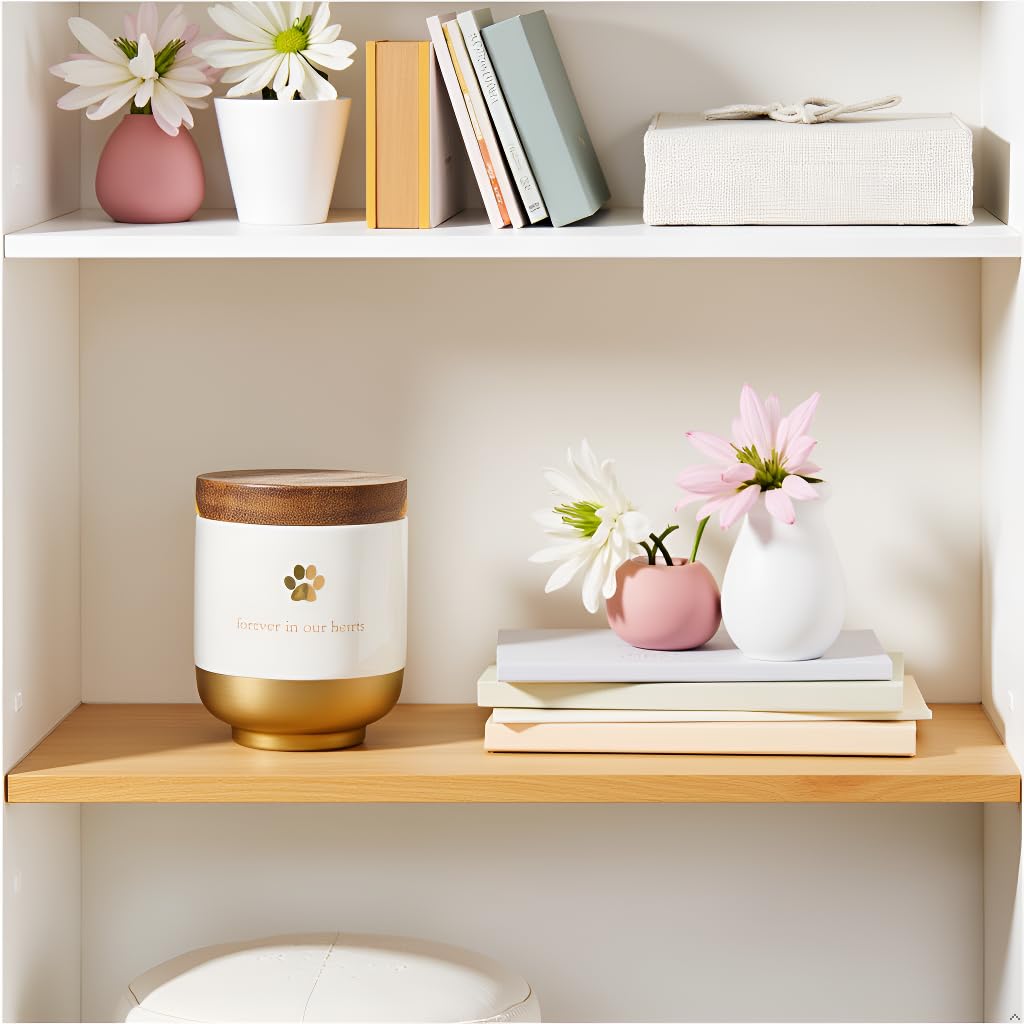 Pearhead Pet Ceramic Forever in Our Hearts Urn, Pet Memorial, Dog Or Cat Keepsake Urn, Rainbow Bridge, Gold