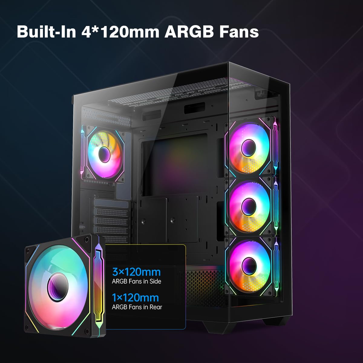 RUIX OV603 ATX Mid-Tower PC Case, Spacious High-Airflow Gaming Case with 4 x 120mm PWM ARGB Fans, USB 3.0 & Type-C Ports, Tempered Glass, Large Capacity Computer Case - Black