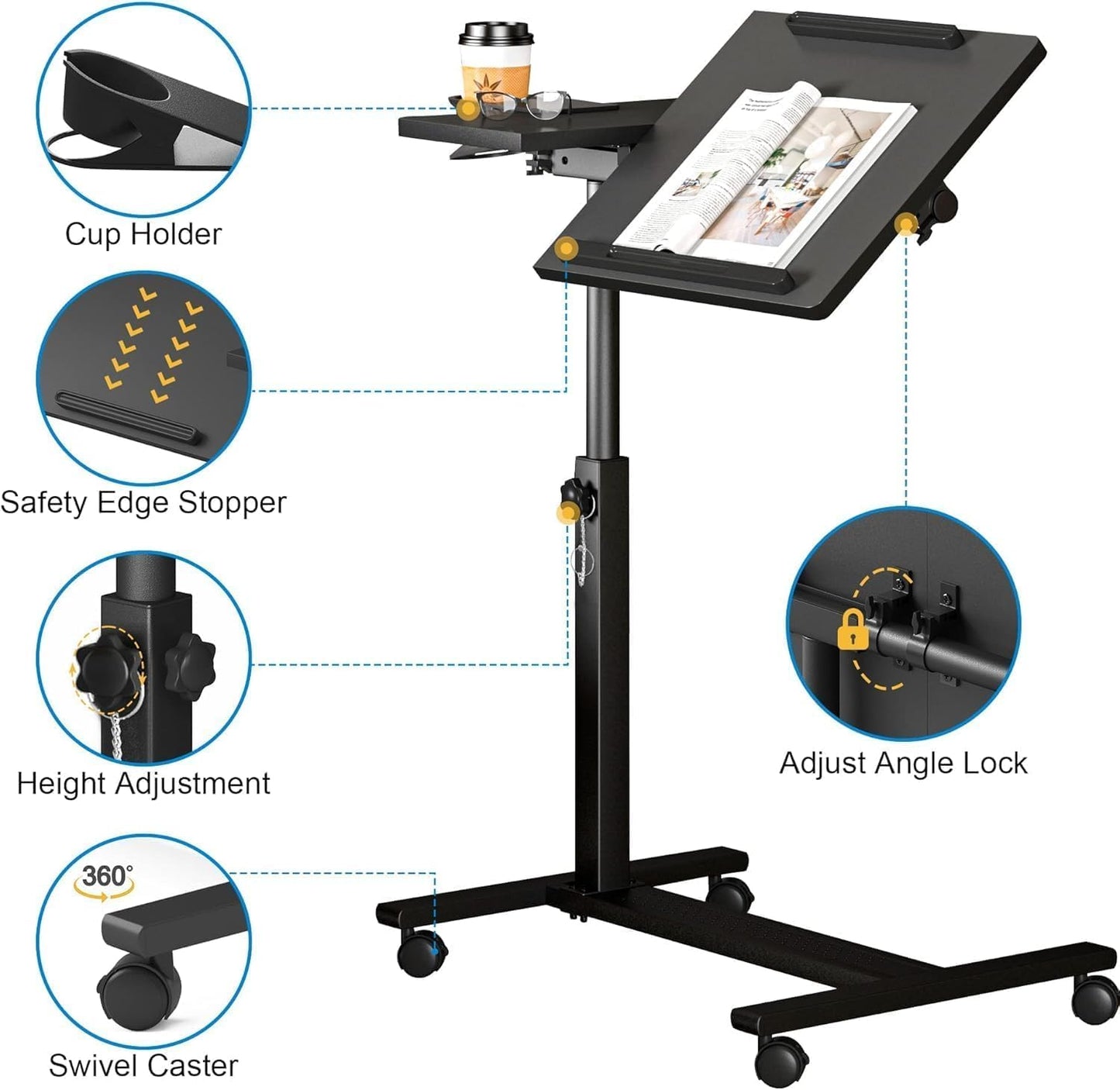 Panta Height Adjustable Rolling Laptop Stand, Overbed Table with 2 Tilting Desktops, Mobile Laptop Table for Couch with Cup Holder, Mobile Computer Workstation for Office, Home and Hospital