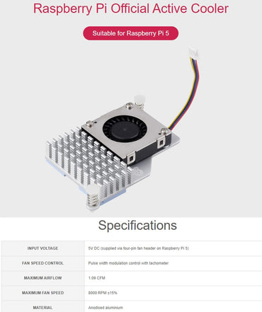 Official Active Cooler for Raspberry Pi 5, Combines an Aluminium Heatsink with a Temperature-Controlled Blower Fan to Accelerate Heat Dissipation