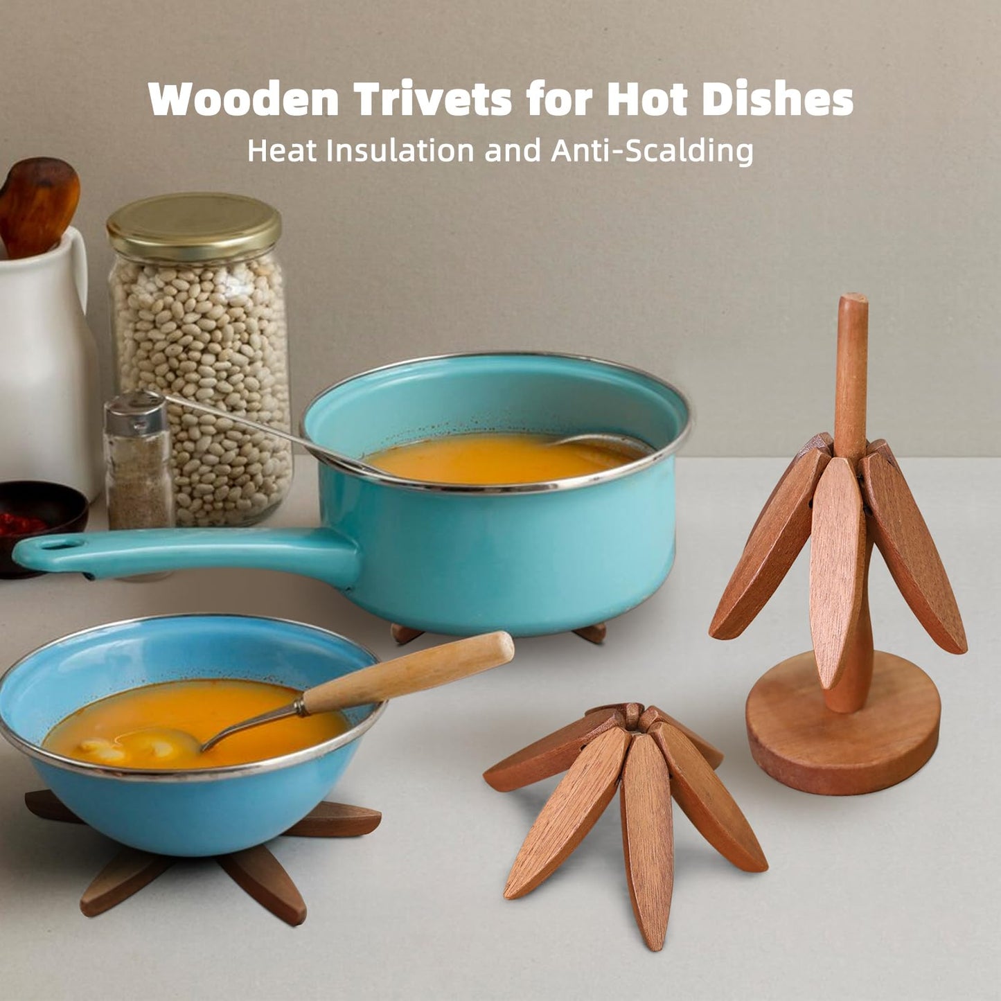 Quelgt Tree Shape Trivets - 3 Wooden Trivet + 1 Stand for Kitchen Decor