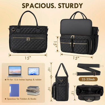Teacher Tote Bag 15.6 Inch, Large Work Tote Bag With Laptop Compartments, Quilted Women Messenger Bag With Shoulder Strap for Office/Travel/School/Nursing Supplies Organizer,Black