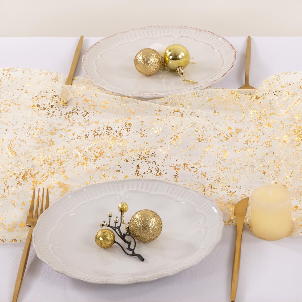 Socomi Christmas Snow Table Runner Gold Gauze Sheer Chiffon Cheesecloth Sequin 10FT Glitter Metallic Foil Dining Wedding Birthday Party Fall Winter Anniversary Holiday Centerpiece Table Decor Beige