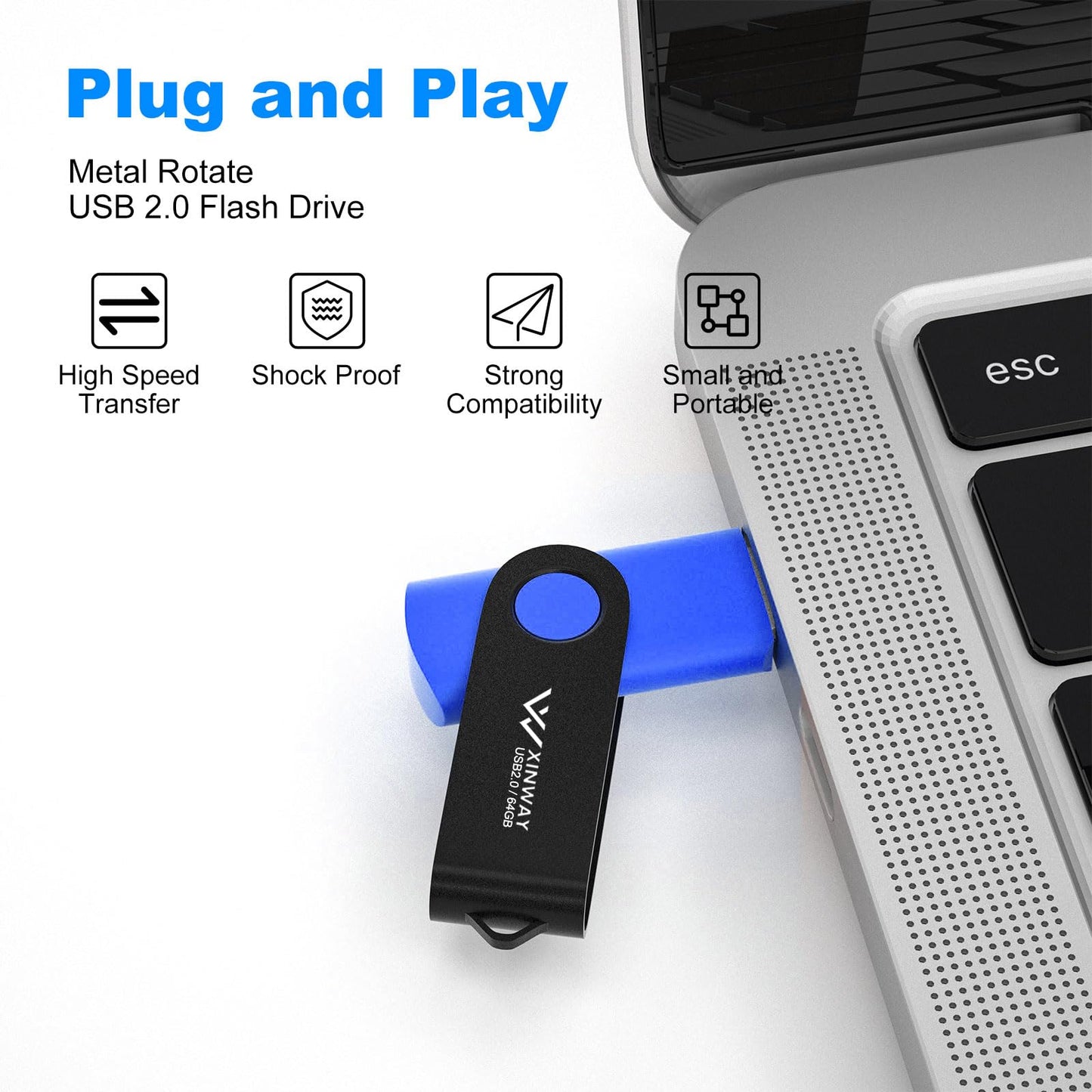 XINWAY 64GB USB 2.0 Flash Drives Thumb Drive Memory Stick Jump Drive Swivel Design, (2 Pack Tow Colors: Black Blue)