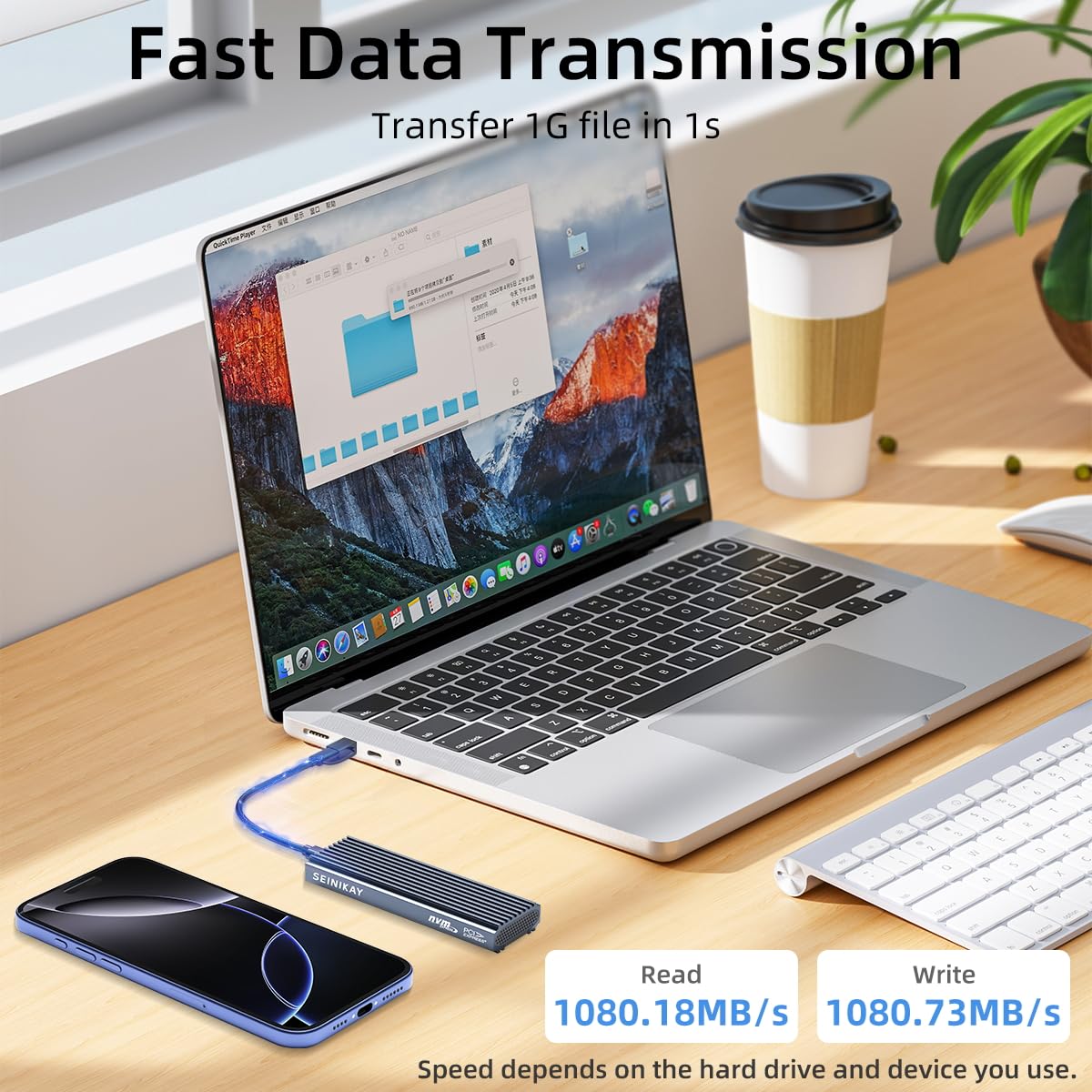 SEINIKAY M.2 NVMe-Gehäuse, werkzeugloser USB 3.2 Gen 2 (10 Gbit/s)-zu-NVMe-Adapter mit Kühlkörper, 10 Gbit/s Geschwindigkeit, Plug & Play, 16 TB Erweiterung, mit CC-zu-A-Kabel