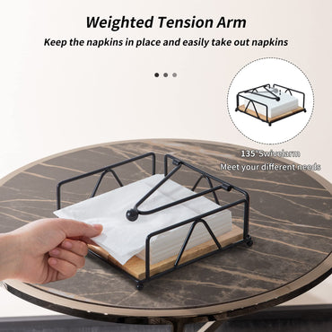 Square Napkin Holder - Durable Table Napkin Dispenser with Weighted Arm, Metal Napkin Storage with Wooden Base, Farmhouse Napkin Holder for Table, Kitchen and Countertops (Black)
