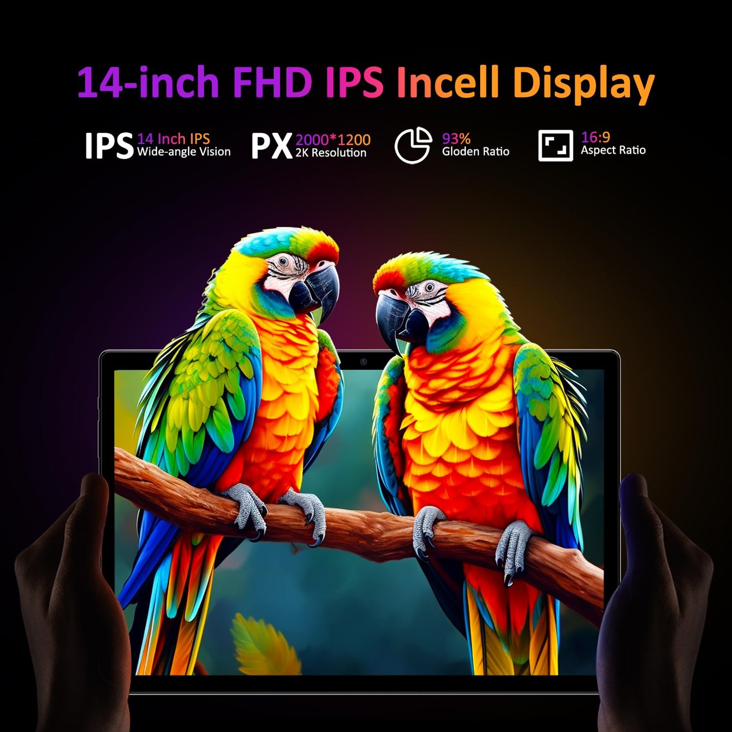 POWMUS Tablets 2025 14 inch Android 14 Tablet, 36GB RAM, 256GB Storage(Expand to 1TB), 2K Display, 8 Core CPU, 11580mAh Battery,4 Speakers, WiFi 5GHz Tablet with Pen Case-Black