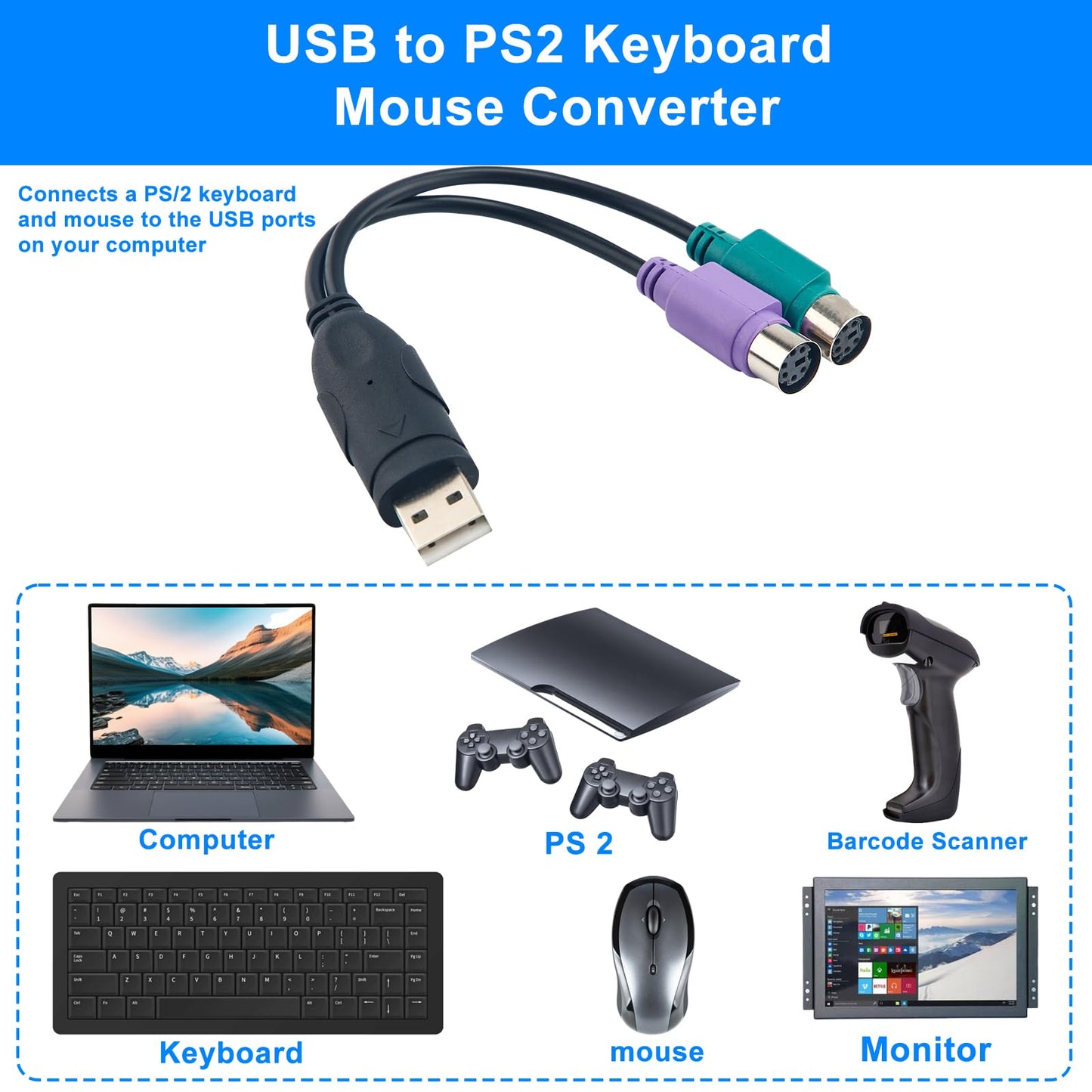PS2 to USB Adapter, Automatic Installation USB Keyboard Monitor Laptop Barcode Scanner Mouse Adapter Converter