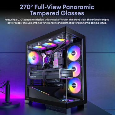 Okinos Aqua 9, ATX PC Case, 5 × 120mm ARGB PWM Fan Pre-Installed, Support Top & Side Dual 360mm Radiator, Back-Connect Motherboard Compatible, Mid Tower PC Case, Type C Port, Black