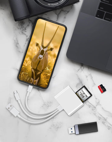 SD Card Reader for iPhone iPad Mac, Lightening & USB-C & USB-A 3 in 1 Memory SD Card Adapter, Support SD/MicroSD/USB OTG, High-Speed Trail Camera Card Viewer,Portable No App Plug & Play