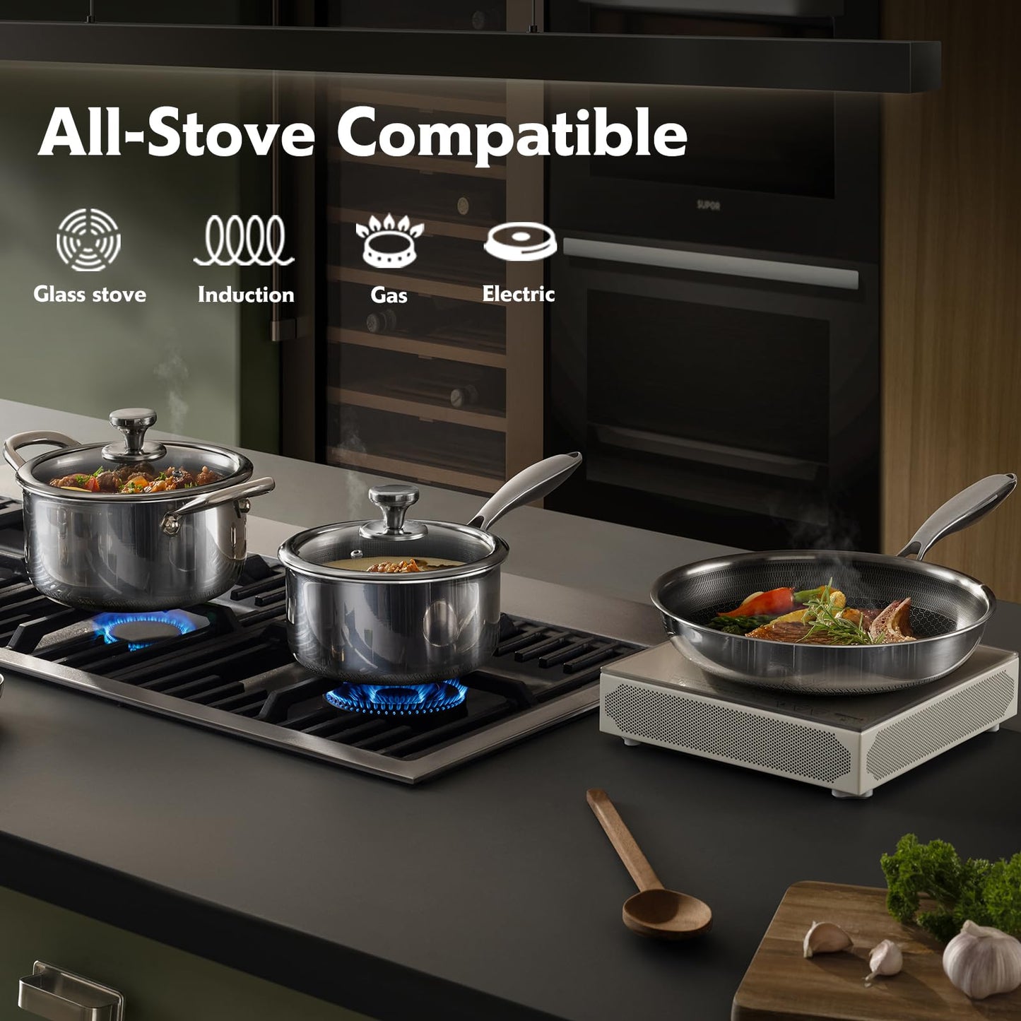 TalingMA Non Stick Pots and Pan Set, 10 Pcs Hybrid Stainless Steel Cookware Set with Lids, Kitchen Skillet, Stock Pot, Nonstick Frying Pan, PFOA-free Kitchen Cooking Utensils,Induction,Dishwasher Safe