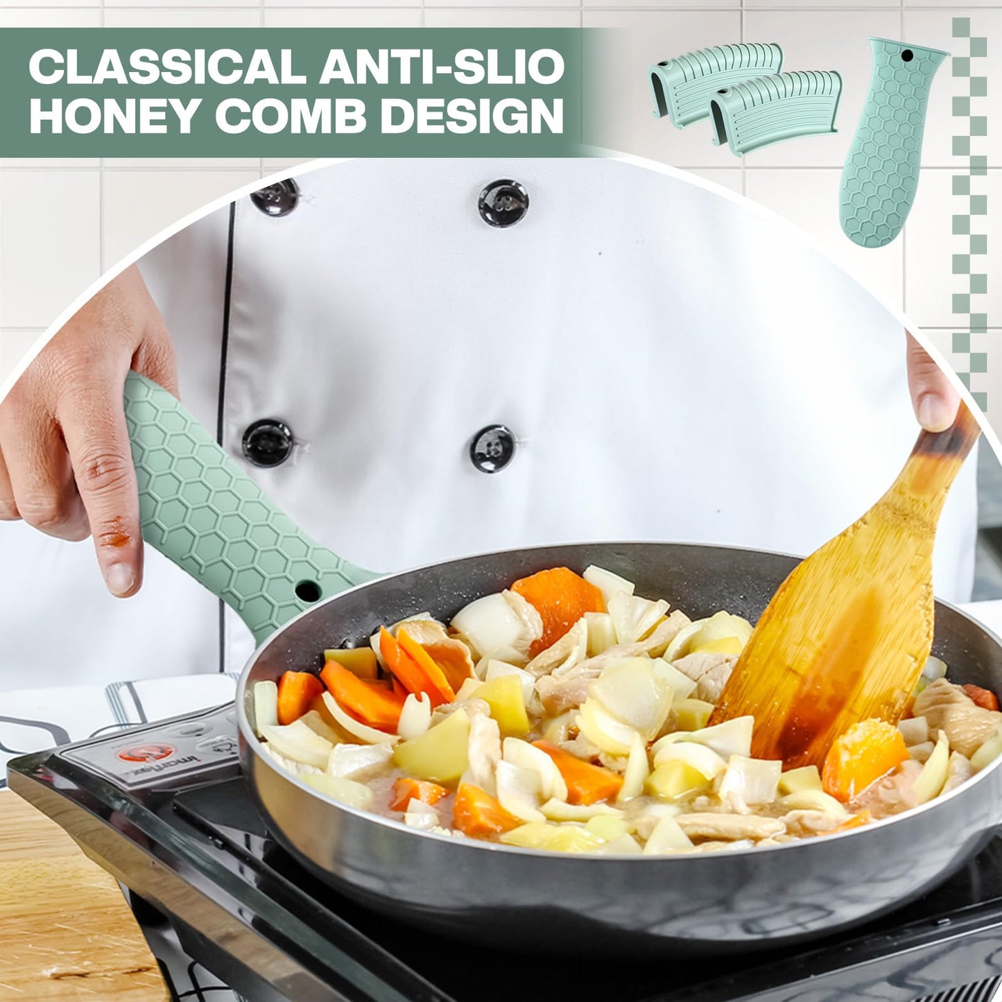 Patelai 8 Pcs Silicone Pot Holders Set Cast Iron Handle Cover Heat Resistant Pot Handle Covers Potholder Non Slip Reusable Pan Sleeve for Frying Pan Kitchen Supplies(Black)