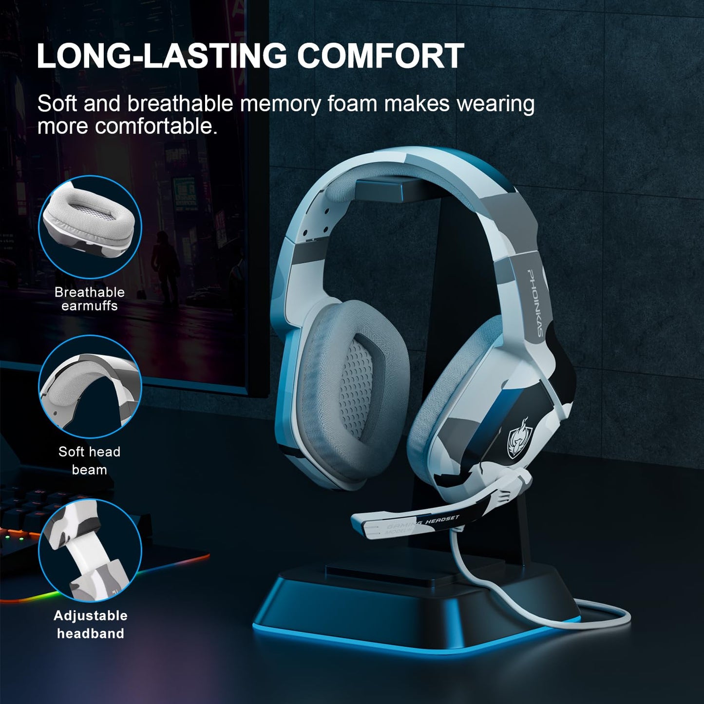 PHOINIKAS Gaming-Headset für PS4, Xbox One, PC, Laptop, Mac, Nintendo Switch, 3,5-mm-PS4-Stereo-Headset, Over-Ear-Kopfhörer mit geräuschunterdrückendem Mikrofon und Bass-Surround-Sound – Camouflage
