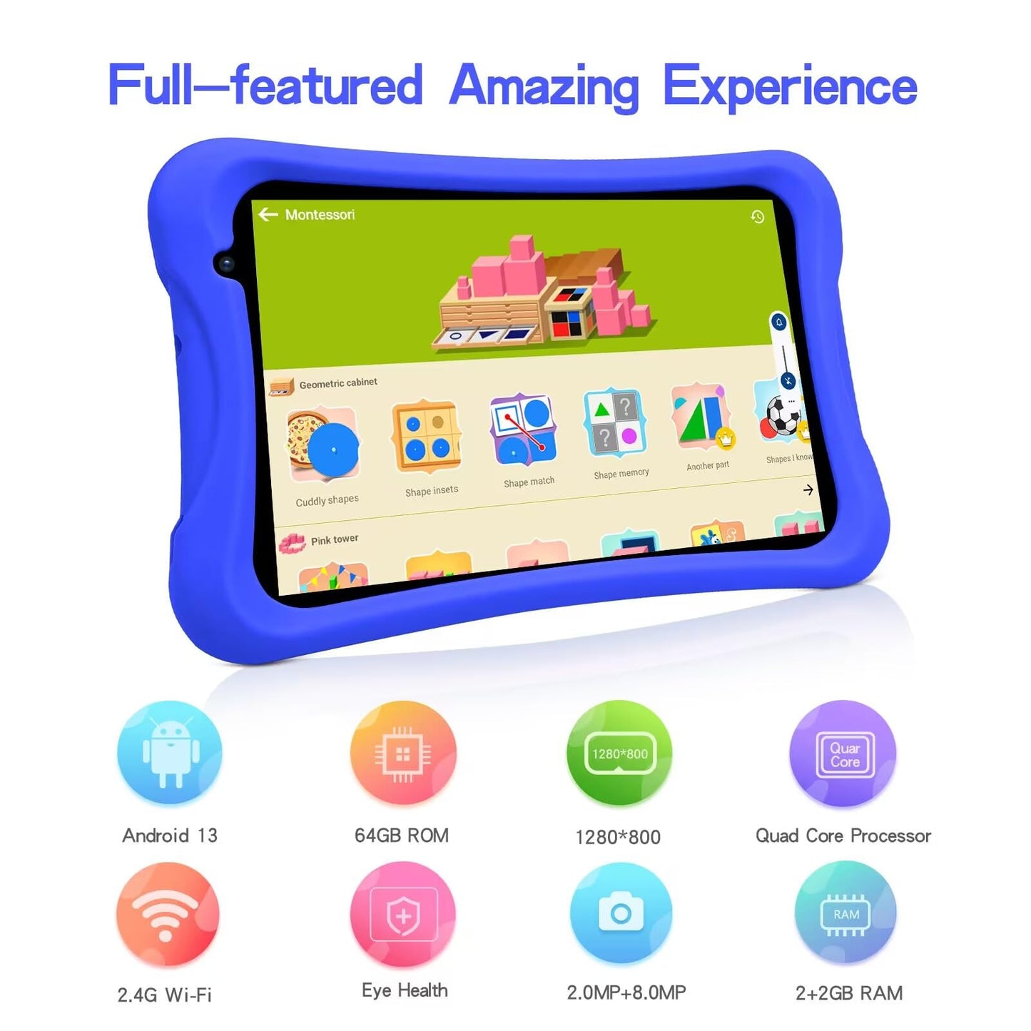 PRITOM 8 inch Quad Core Android Tablet, 64GB, WiFi, Bluetooth, Dual Camera, Educationl, Games,Parental Control, Kids Software with Kids-Tablet Case(Blue)
