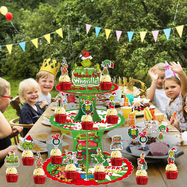 Tentaquil Green 3-Tier Cupcake Stand and 12pcs Cupcake Toppers Christmas Cupcake Holder Christmas Cupcake Decorations Whoville Christmas Decorations Christmas Party Supplies