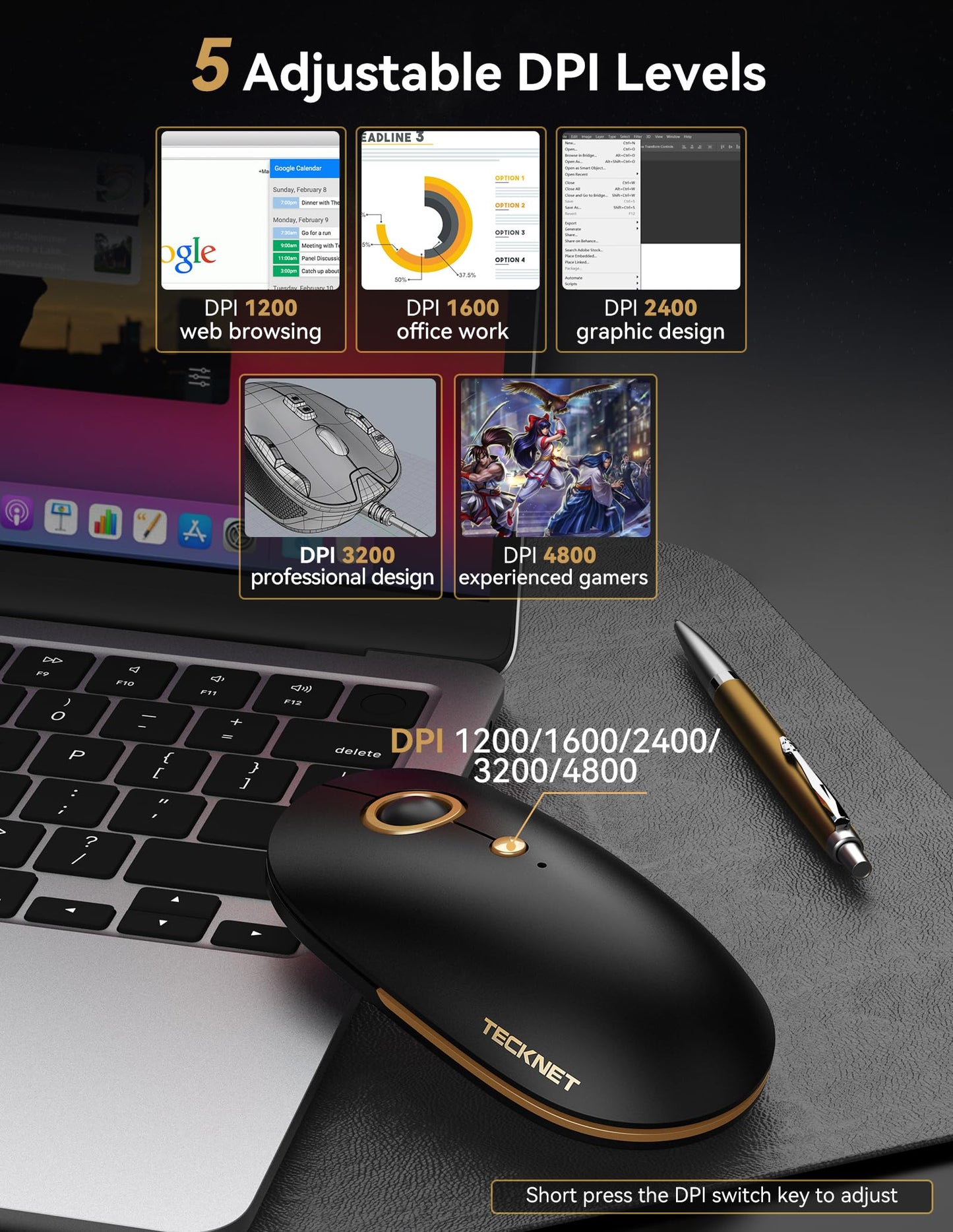 TECKNET Computer Mouse, 2.4Ghz Silent USB-A Wireless Mouse, 4800 DPI Ambidextrous Quiet Click for Travel, Slim Portable Wireless Mice Compatible with PC Laptop MacBook