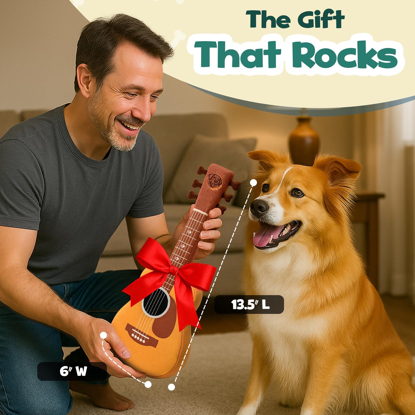 PUPROAR Acoustic Guitar Dog Toy - Christmas & Birthday Dog Gift, Interactive Squeaker & Crinkle, Plush & Cute, Fun Puppy Stocking Stuffer