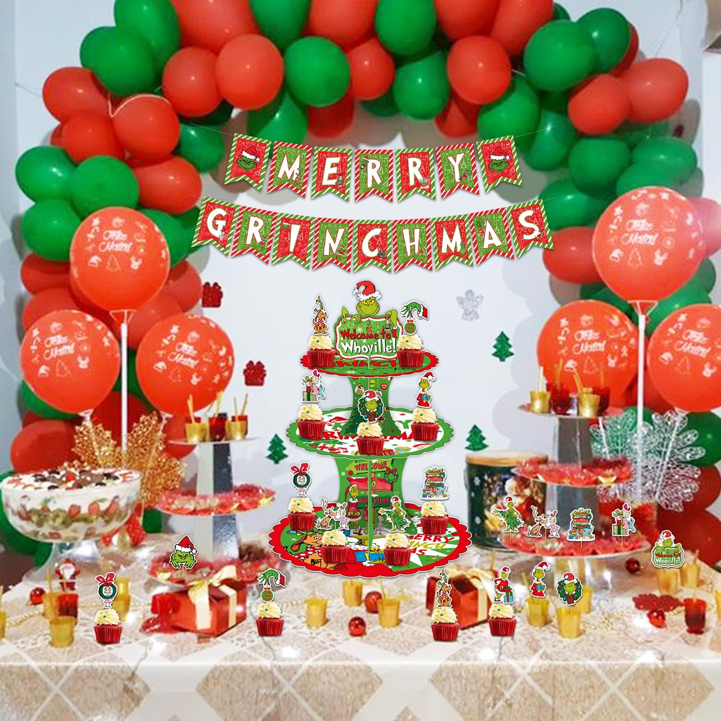 Tentaquil Green 3-Tier Cupcake Stand and 12pcs Cupcake Toppers Christmas Cupcake Holder Christmas Cupcake Decorations Whoville Christmas Decorations Christmas Party Supplies