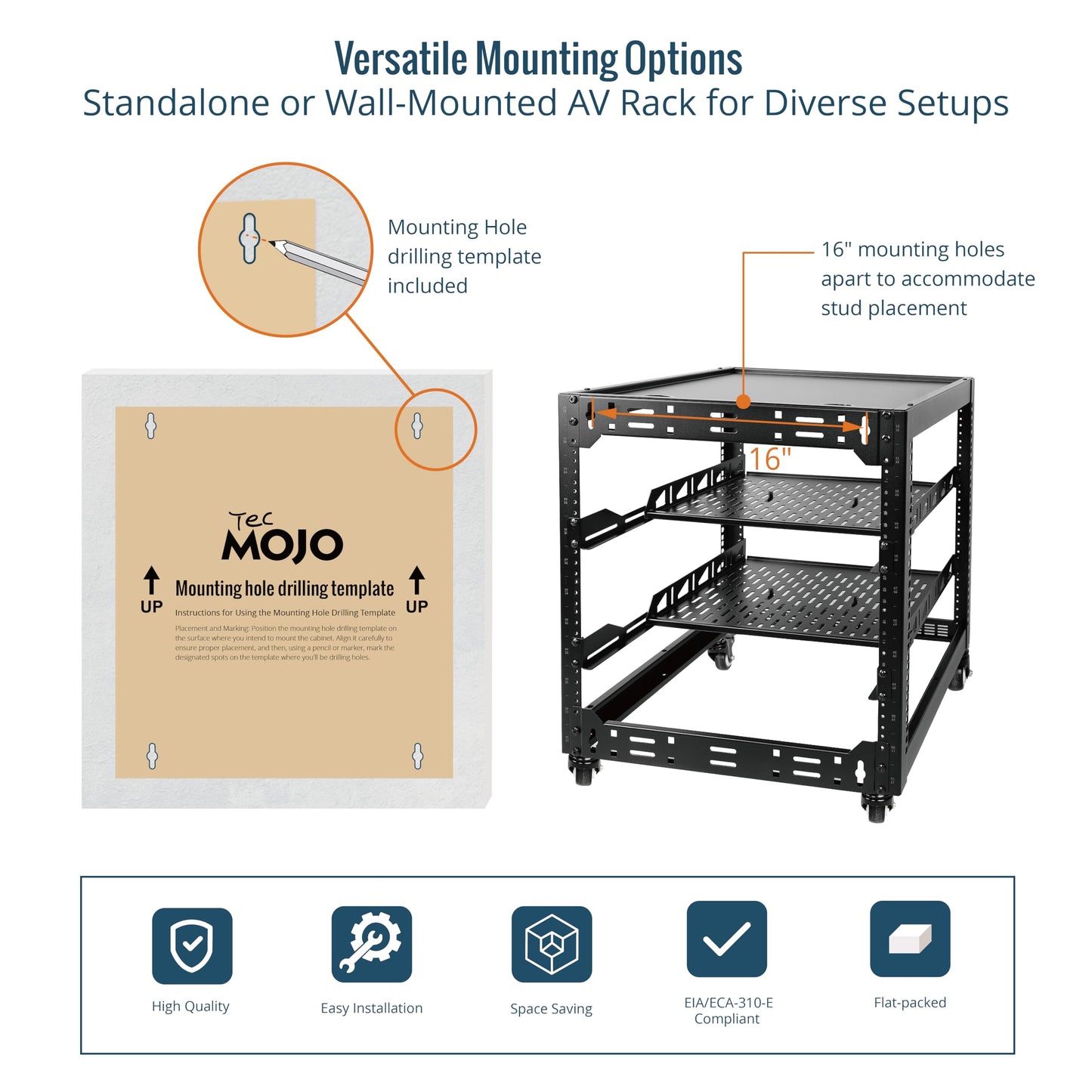 TECMOJO 12U Open Frame Network Rack for IT & AV Gear, 4-Post With Casters, Mobile With 2 PCS 1U Server Shelf & Mounting Hardware, for 19" Network, Audio and Video Device