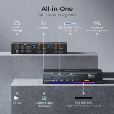 TESmart 4K@60Hz KVM Switch 4 Monitors 2 Computers USB 3.0, Quad Monitor KVM Docking Station, DP+HDMI KVM Switch with EDID Emulators, Gigabit Network, Hotkey Switch, Audio & Mic with All Input Cables