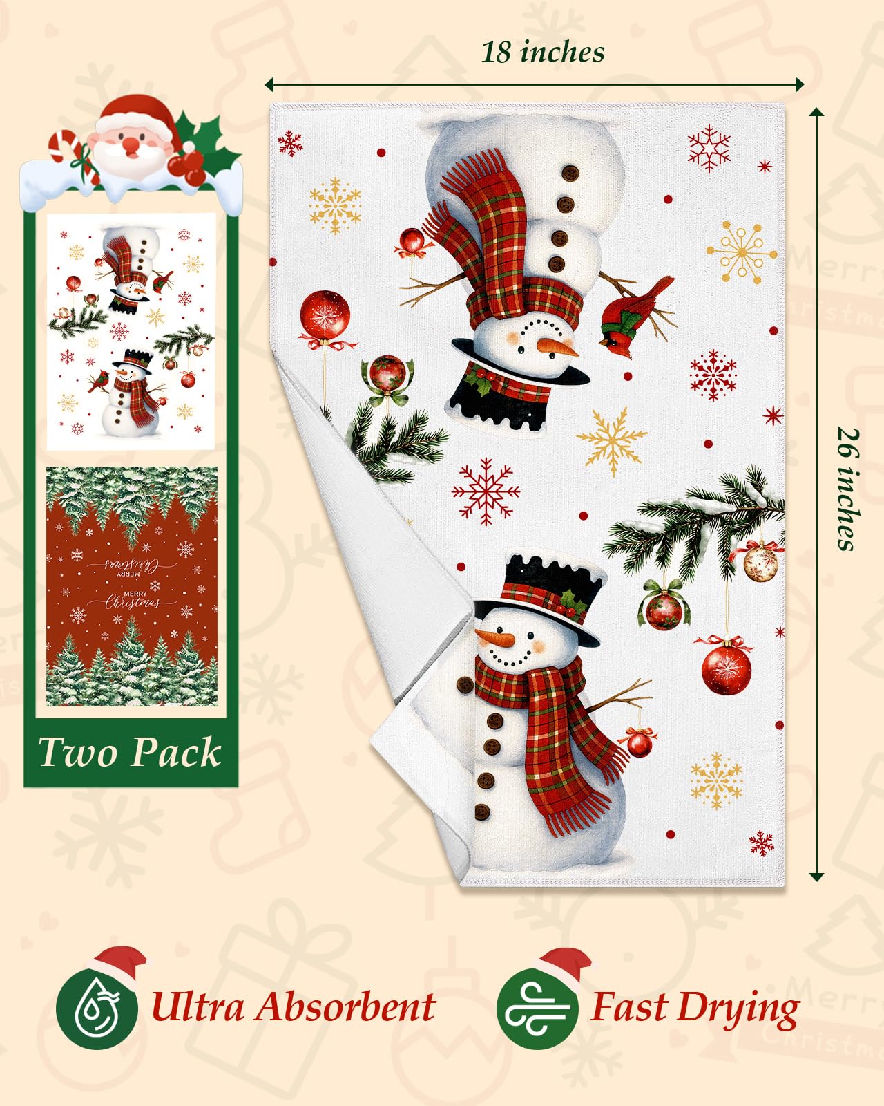 Miss Adola Christmas Kitchen Towels - Christmas Theme 18x26 Inch Absorbent 2pcs Microfiber Dish Towels for Kitchen, Cute Holiday Designs with Xmas Tree & Snowman for Decoration, Gifting, Housewarming