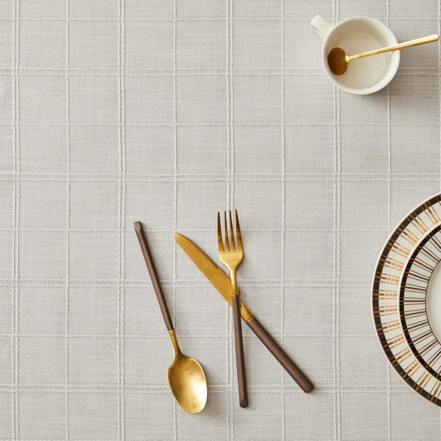 ZeeMart Linen Checked Table Cloth, Farmhouse Style Plaid Embroidered Neutral Tablecloth, Water Resistant Rectangle Table Cloth, Ivory 52x70 Inches