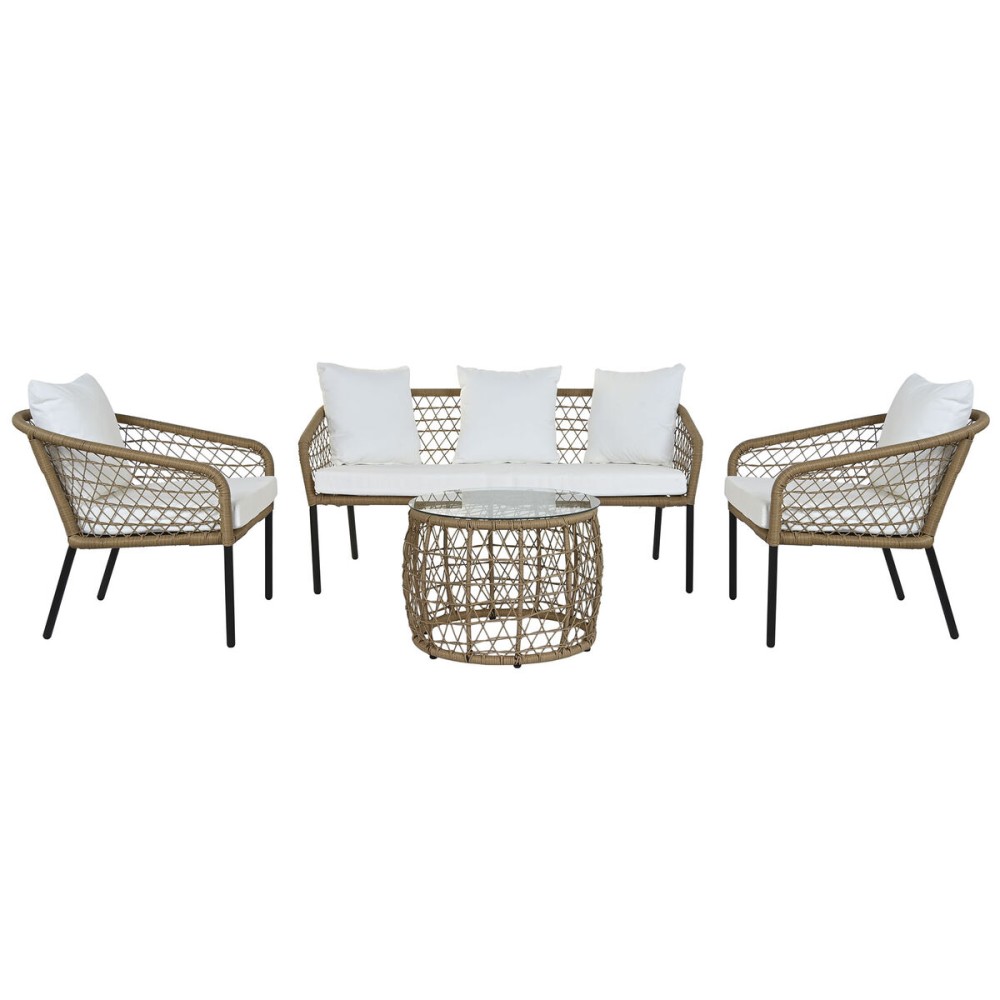 Tisch mit 3 Sesseln DKD Home Decor Weiß 137 x 73,5 x 66,5 cm Synthetischer Rattan Stahl