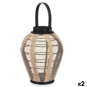 Candleholder Lantern With handle Beige Wood Cloth 25 x 30 x 25 cm (2 Units)