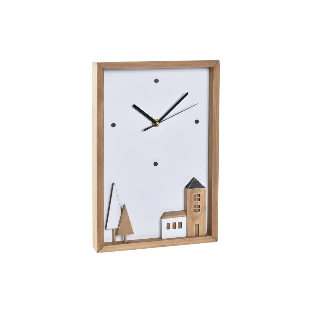 Horloge Murale DKD Home Decor Blanc Marron Bois Aluminium Maisons Urbaine 20 x 4 x 30 cm