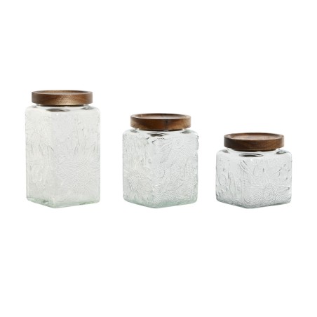 Set de 3 Boites Home ESPRIT Naturel Verre Acacia 500 ml 750 ml 1 L 9,5 x 9,5 x 17,5 cm