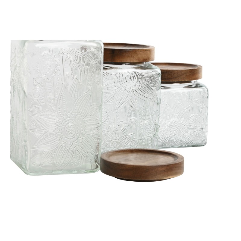 Set de 3 Boites Home ESPRIT Naturel Verre Acacia 500 ml 750 ml 1 L 9,5 x 9,5 x 17,5 cm