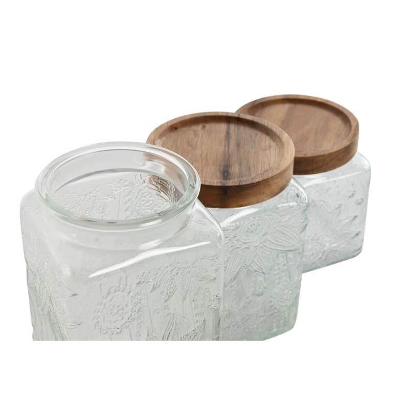 Set de 3 Boites Home ESPRIT Naturel Verre Acacia 500 ml 750 ml 1 L 9,5 x 9,5 x 17,5 cm