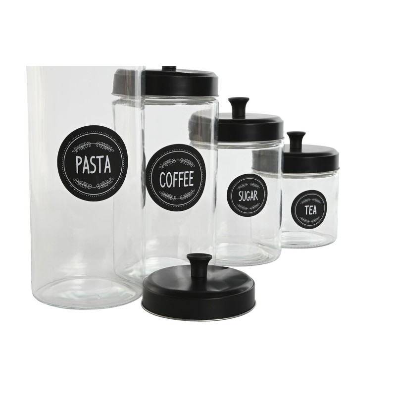 Set de 4 Boites Home ESPRIT Noir Métal Verre 1 L 1,5 L 1,8 L 10,4 x 10,4 x 26,4 cm