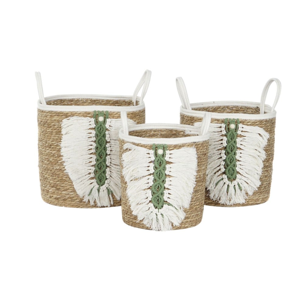 Set de basket Home ESPRIT Blanc Vert Naturel Fibre naturelle Tropical 39 x 39 x 47 cm (3 Pièces)