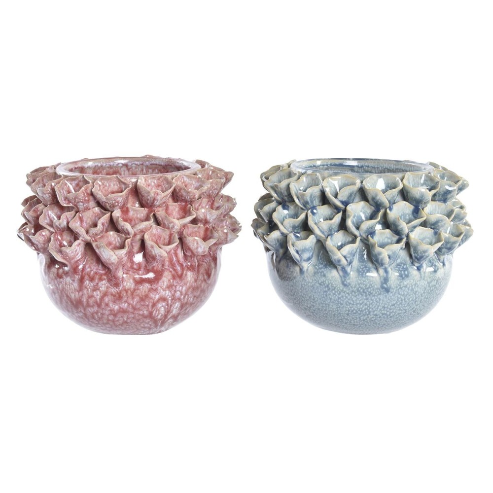 Vase DKD Home Decor Pink Turquoise Stoneware Flower Mediterranean 17 x 17 x 13,5 cm 19 x 19 x 13,5 cm (2 Units)