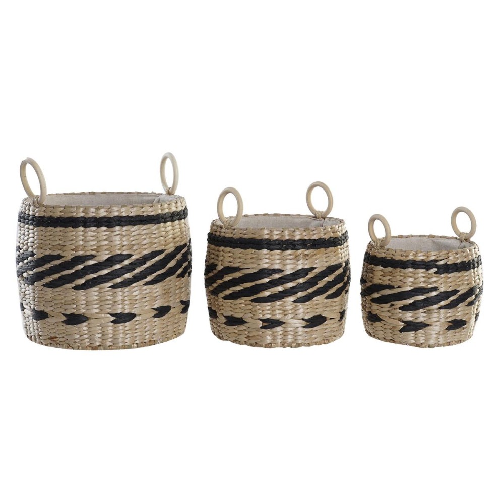 Basket set DKD Home Decor Black Natural Natural Fibre Colonial 30 x 30 x 25 cm (3 Pieces)