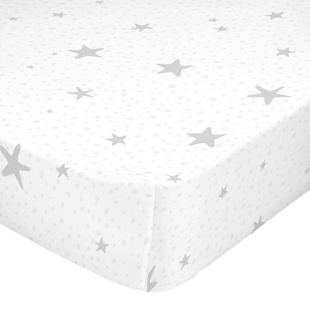 Drap housse HappyFriday BASIC KIDS Blanc Gris 60 x 120 x 14 cm Etoiles