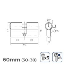 Cylindre EDM r13 Européen Came courte Argenté nickel (60 mm)