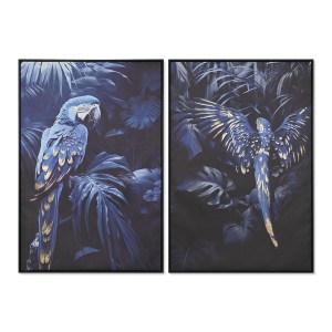 Painting Home ESPRIT Blue Black Golden Parrot Tropical 83 x 4 x 123 cm (2 Units)