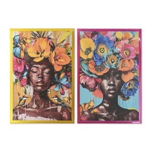 Painting Home ESPRIT Yellow Pink Modern African Woman 80 x 3,3 x 120 cm (2 Units)