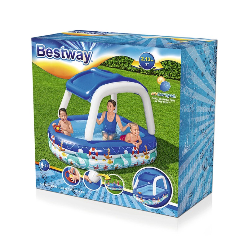 Bestway Aufblasbares Kinderpool Abnehmbares Dach Boot mit Lenkrad 213x155x132 cm +3 Jahre Garten 54370