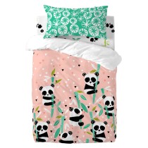 Duvet cover set HappyFriday Moshi Moshi Panda Garden Pink Baby Crib 2 Pieces