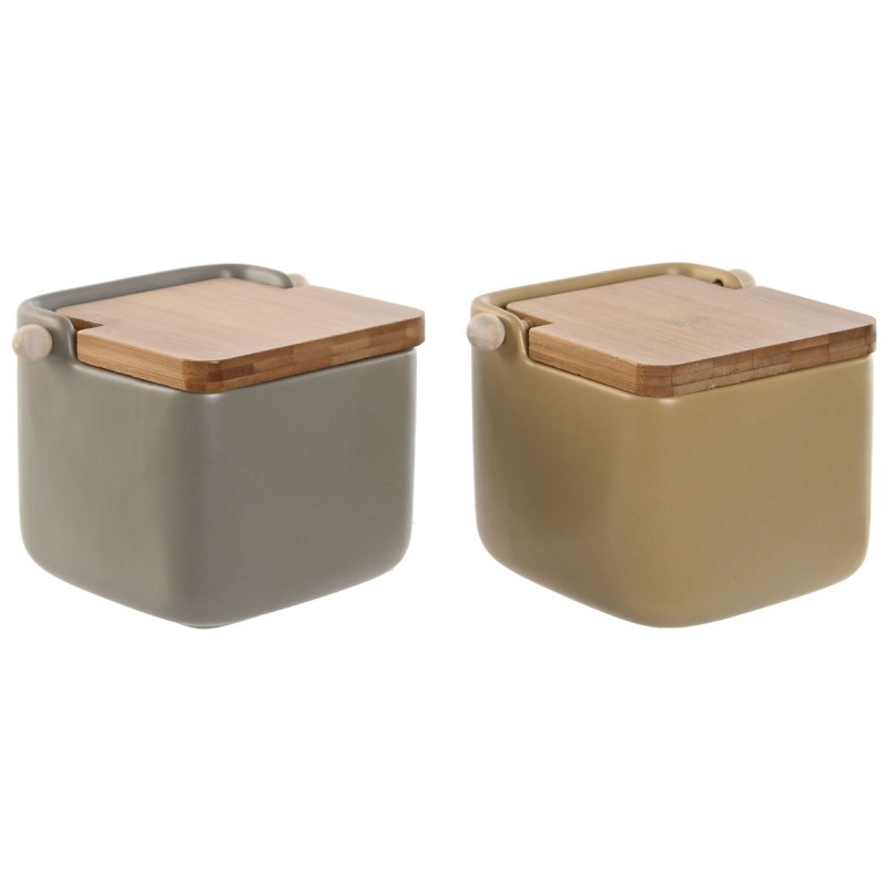 Salière avec couvercle Home ESPRIT Beige Gris Naturel Bambou Dolomite 15 x 12 x 11 cm (2 Unités)