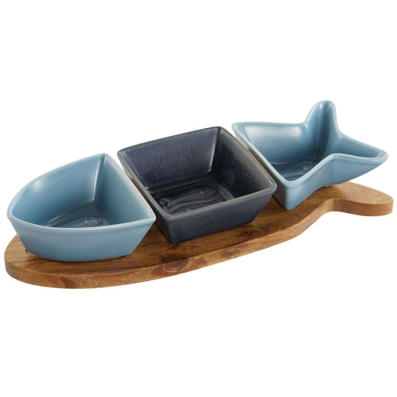 Satz für Appetithäppchen Home ESPRIT Blau Marineblau Porzellan Akazienholz Fisch Mediterraner 28 x 9,7 x 1,3 cm 4 Stücke