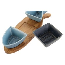 Appetizer Set Home ESPRIT Blue Navy Blue Porcelain Acacia Fish Mediterranean 28 x 9,7 x 1,3 cm 4 Pieces