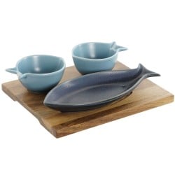 Satz für Appetithäppchen Home ESPRIT Blau Himmelsblau Porzellan Akazienholz Mediterraner Fische 19,5 x 16,5 x 1,3 cm 4 Stücke