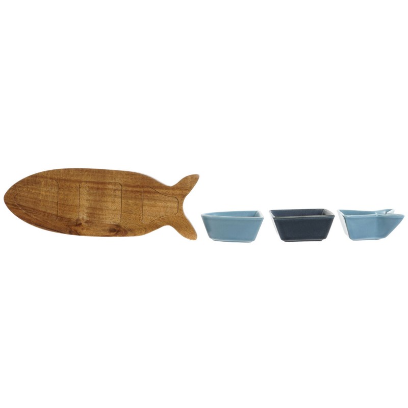 Appetizer Set Home ESPRIT Blue Navy Blue Porcelain Acacia Fish Mediterranean 28 x 9,7 x 1,3 cm 4 Pieces