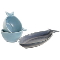 Satz für Appetithäppchen Home ESPRIT Blau Himmelsblau Porzellan Akazienholz Mediterraner Fische 19,5 x 16,5 x 1,3 cm 4 Stücke